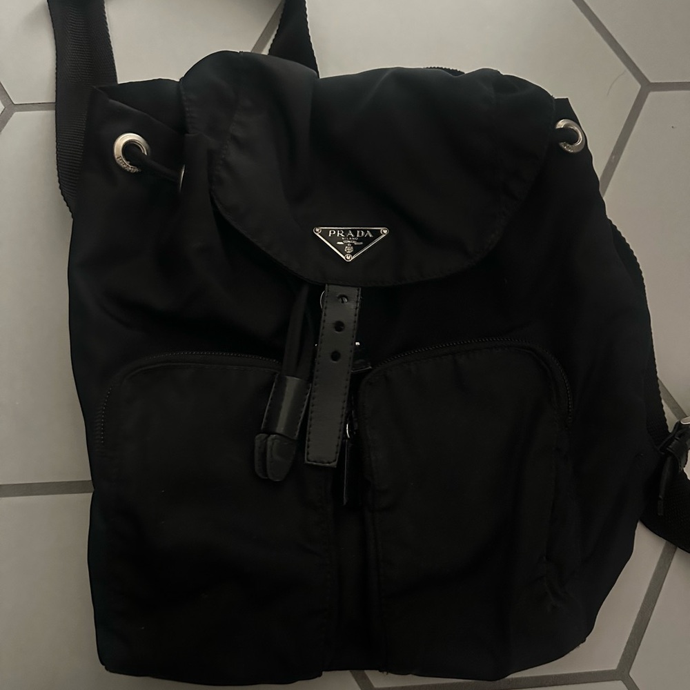Prada Black Nylon Drawstring Flap Backpack With F… - image 2